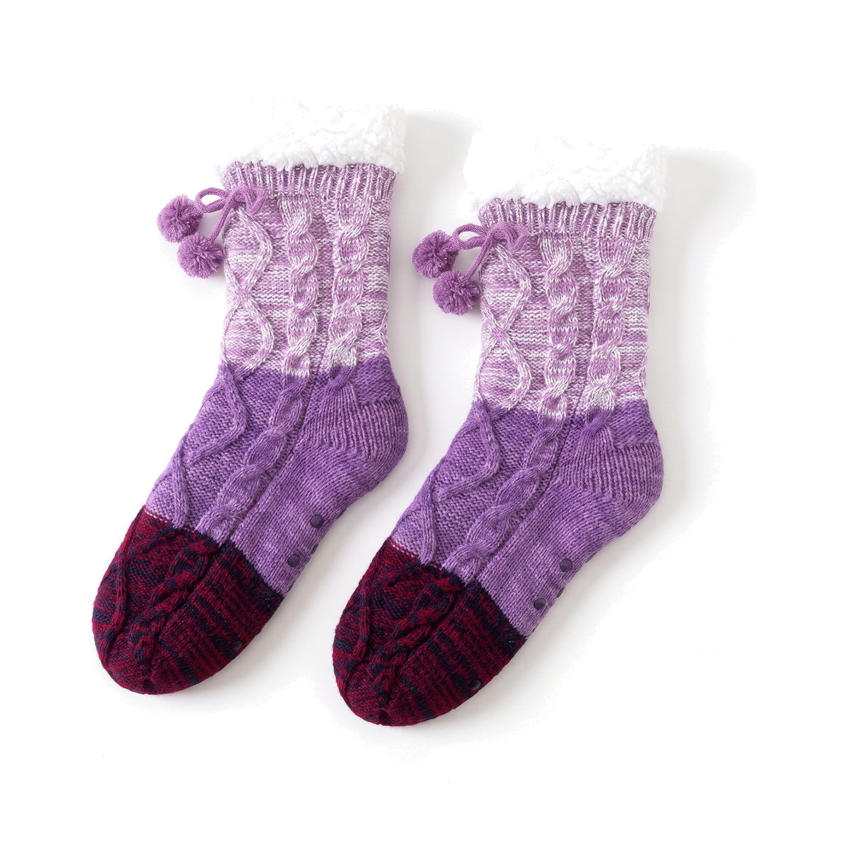Purple cable knit slipper socks with sherpa cuff and pom pom tie