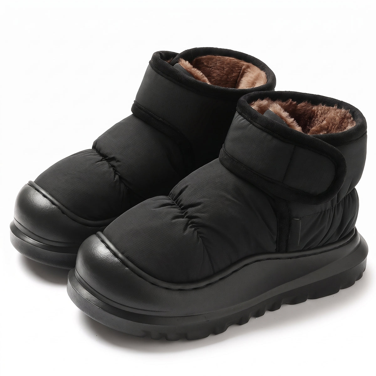 Water resistant puffer slipper boots in black with hook and loop strap