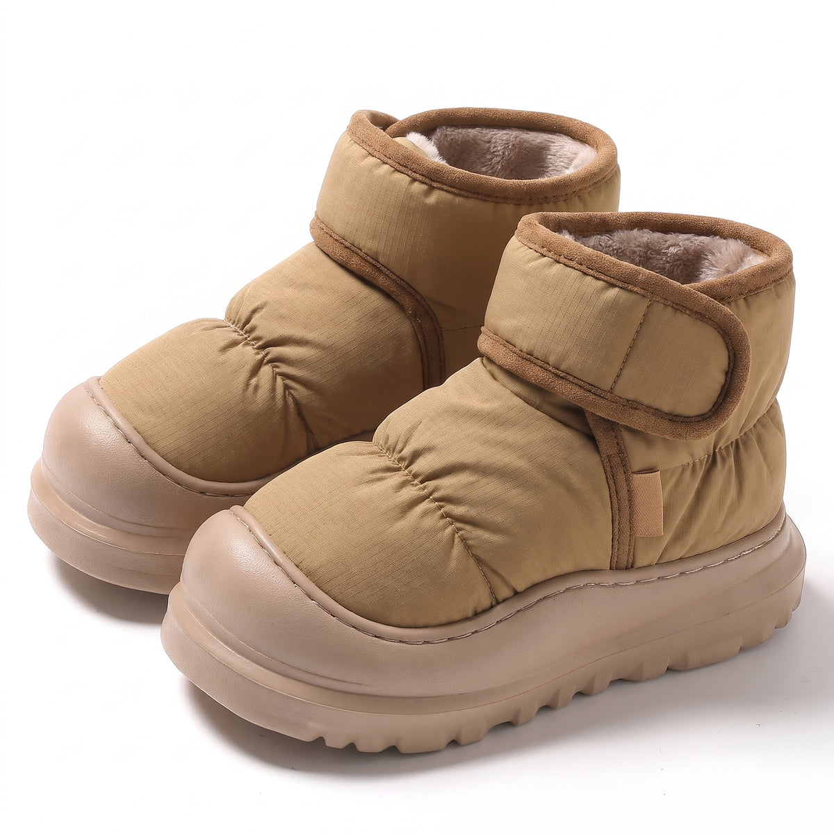 Water resistant puffer slipper boots in camel with hook and loop strap