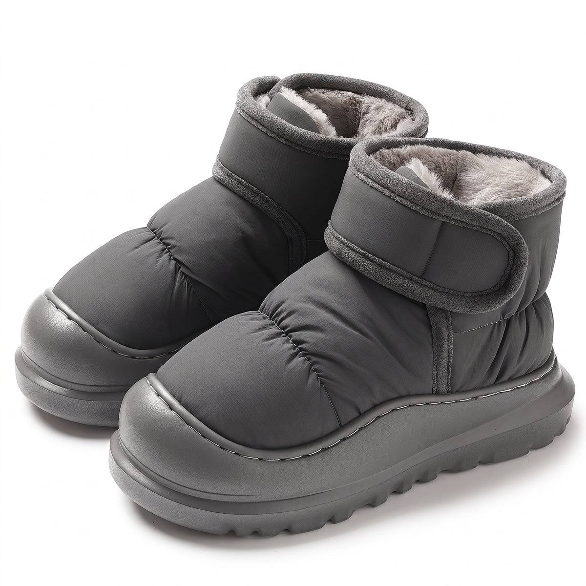 Water resistant puffer slipper boots in charcoal with hook and loop strap