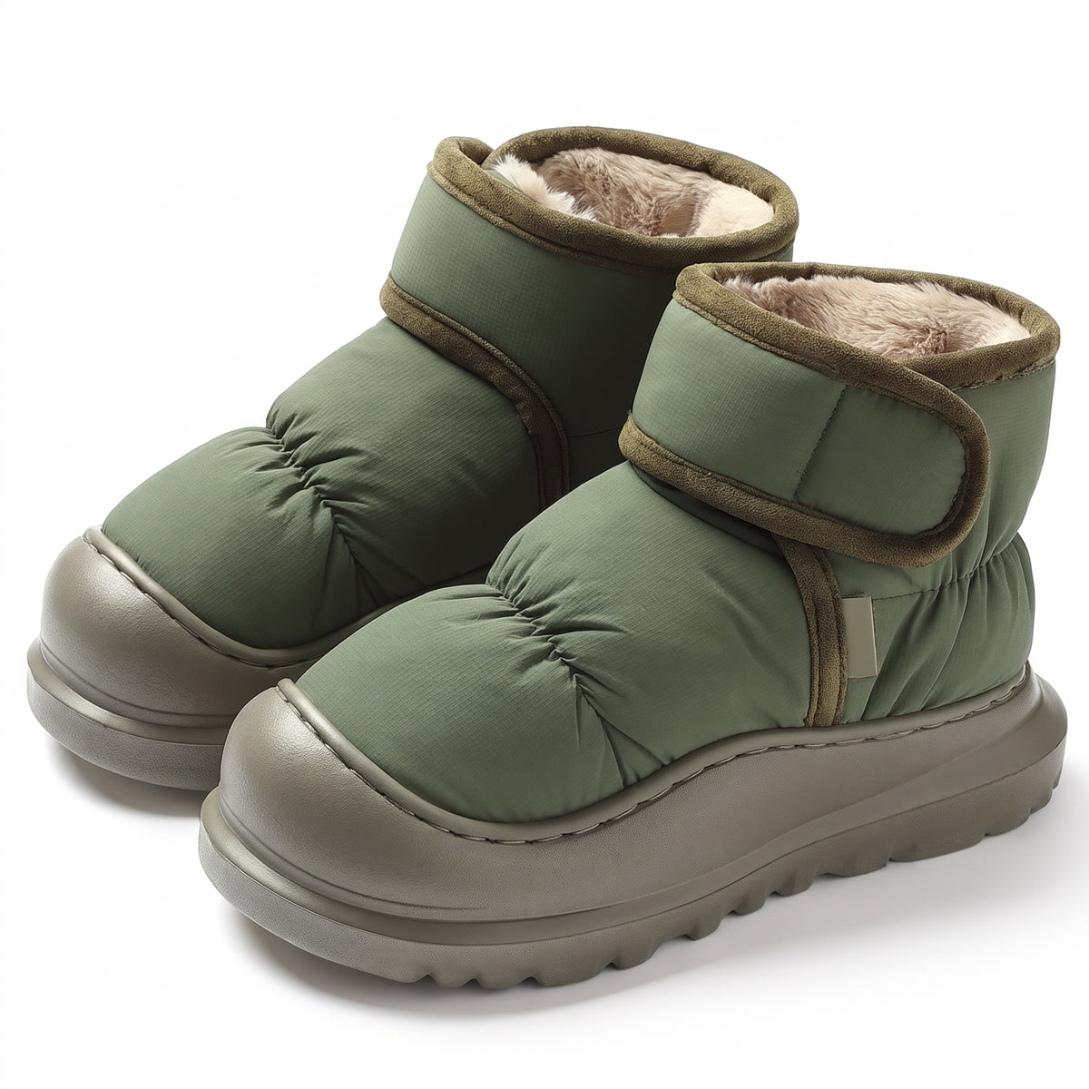 Water resistant puffer slipper boots in olive green with hook and loop strap