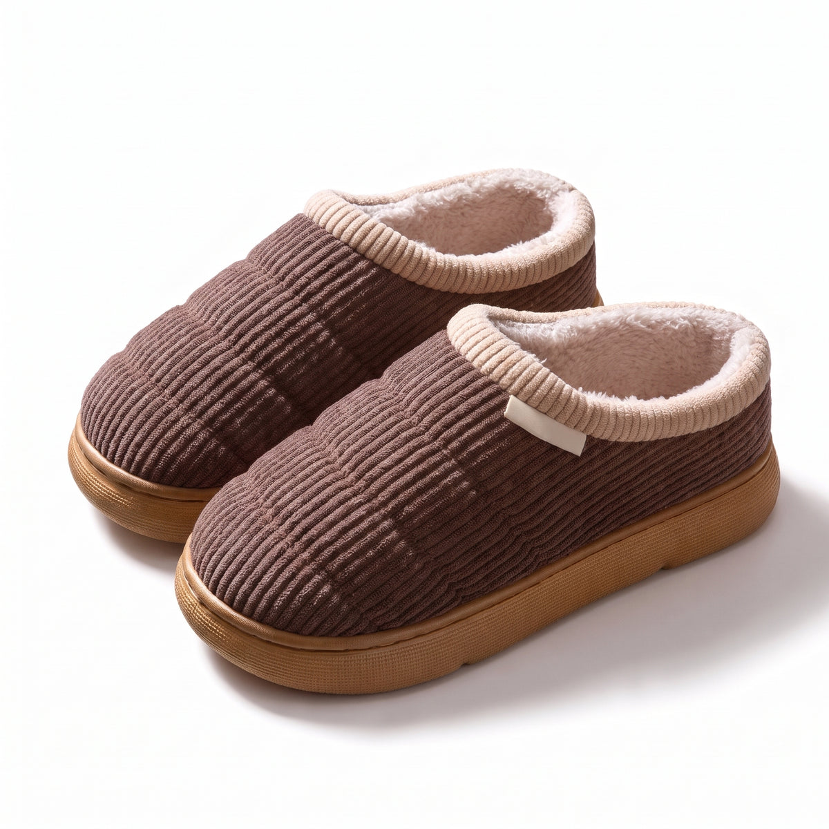 Quilted fleece lined mule slippers in brown with ribbed collar