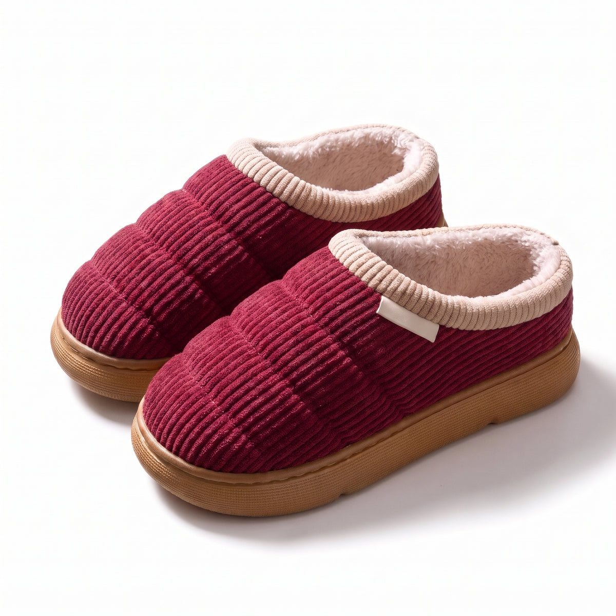 Quilted fleece lined mule slippers in burgundy with ribbed collar
