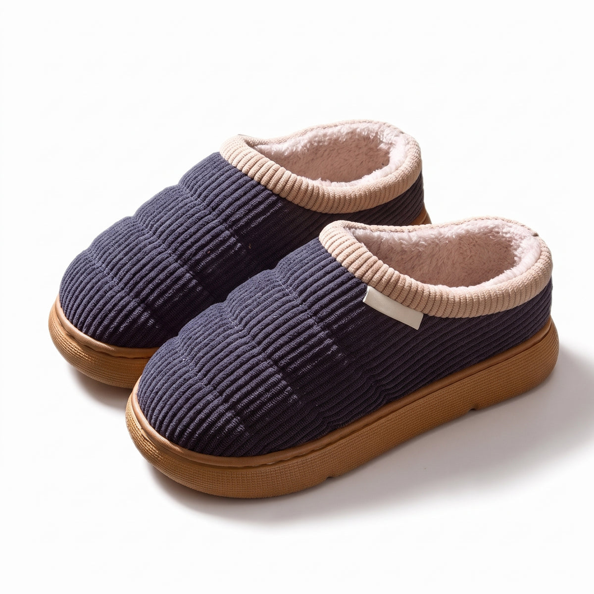 Quilted fleece lined mule slippers in navy with ribbed collar