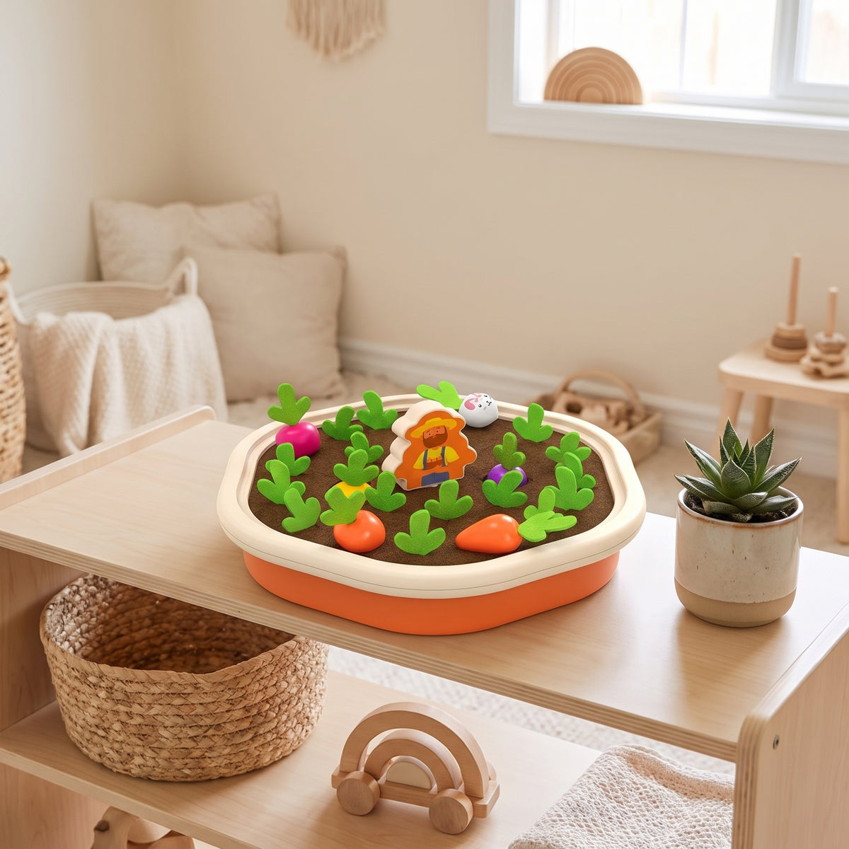 Radish pulling sorting toy on a wooden Montessori shelf in a calm nursery