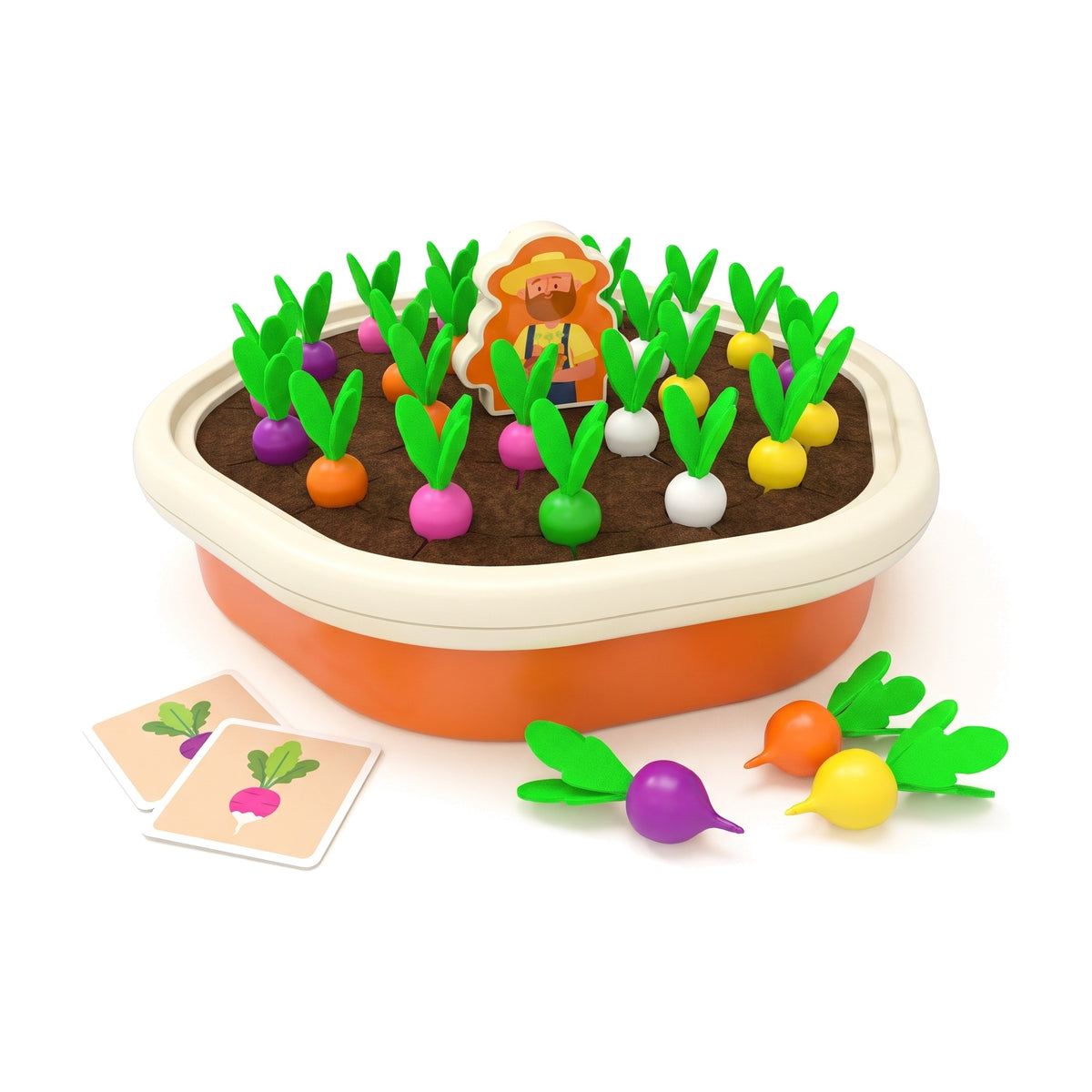 Montessori radish pulling toy with felt garden tray, 24 colourful radishes and matching cards