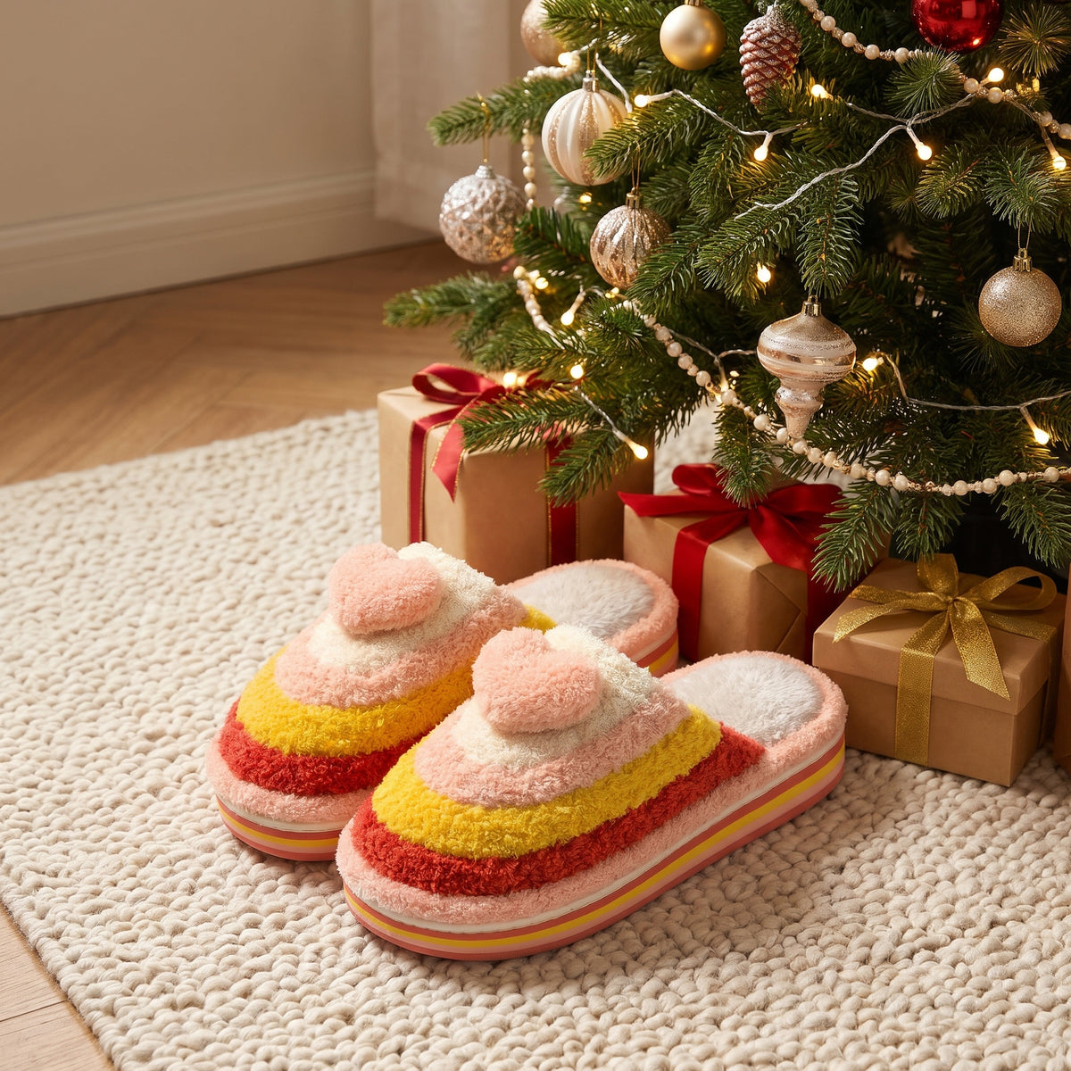 Peach rainbow heart slippers by a Christmas tree