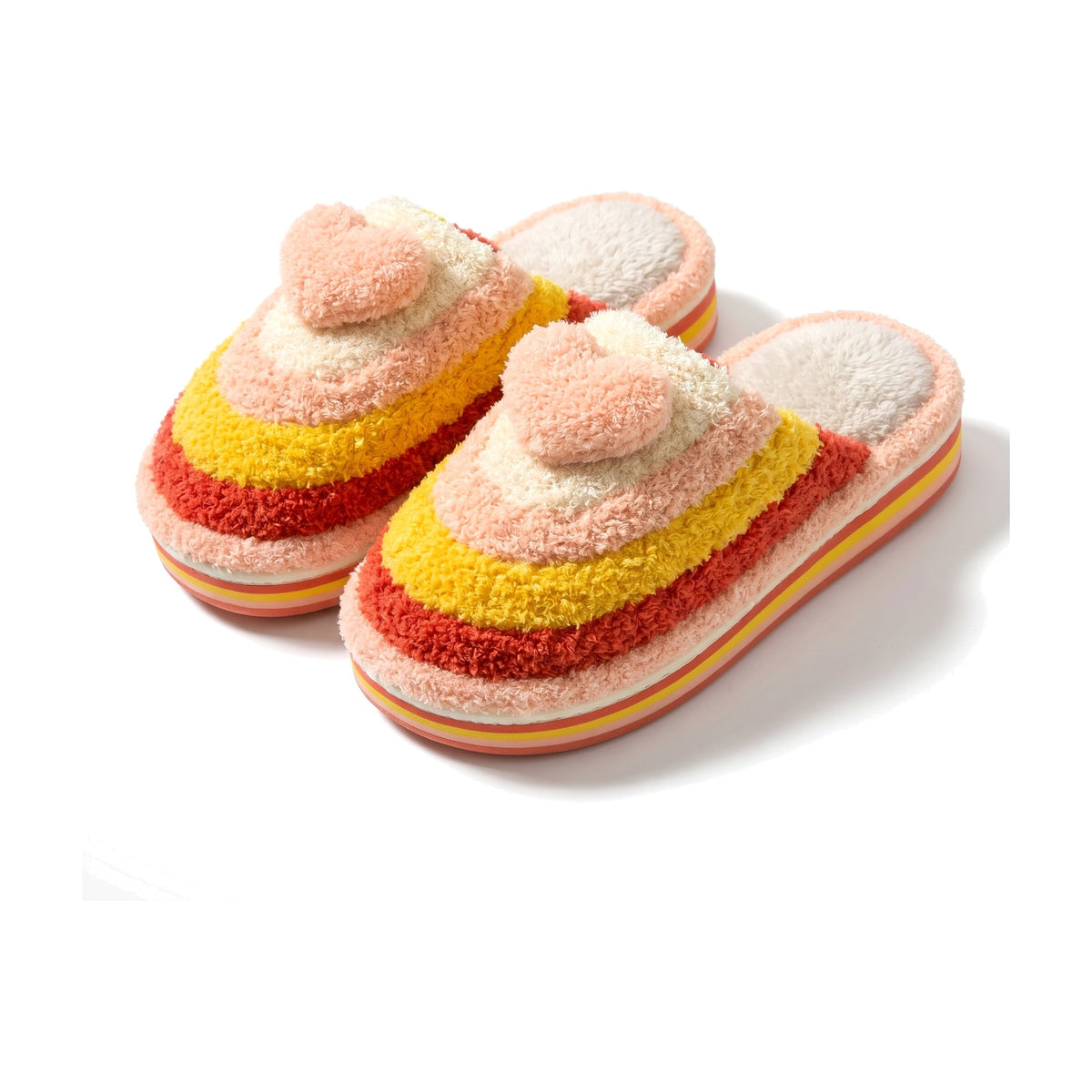 Rainbow striped teddy slippers with fluffy peach heart and peach trim