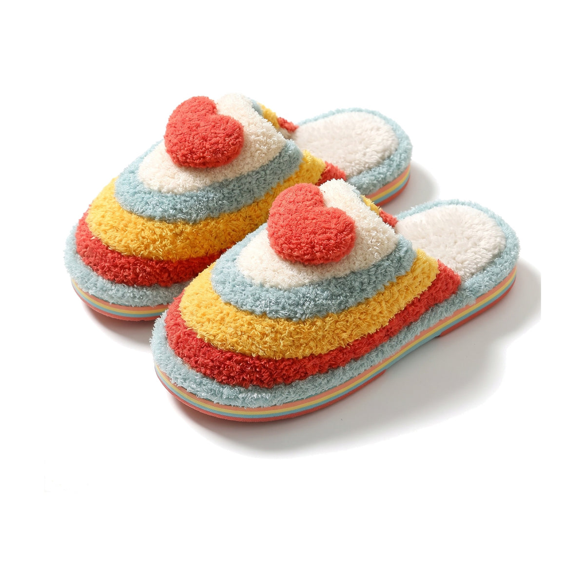 Rainbow striped teddy slippers with fluffy red heart and teal blue trim