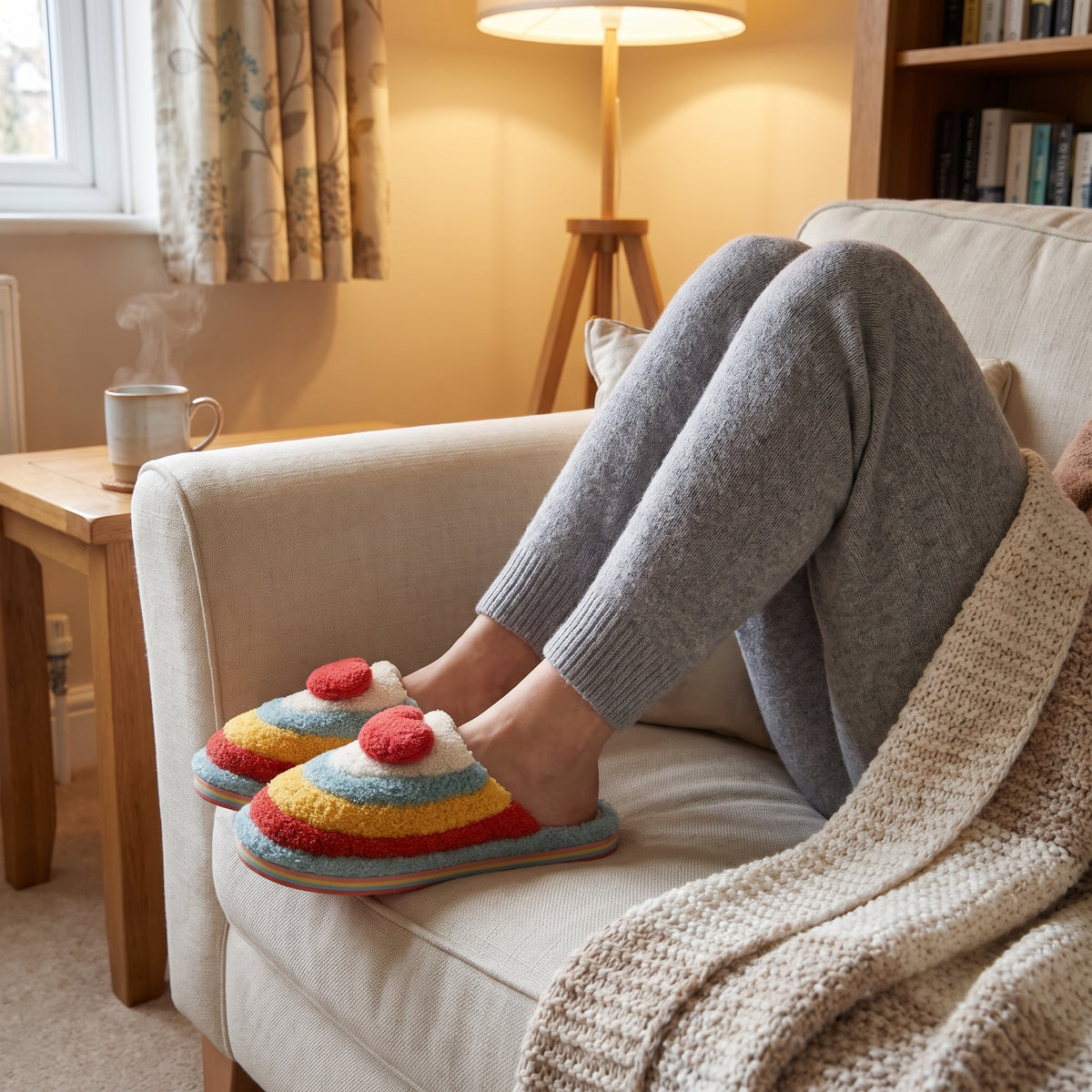Woman relaxing on a sofa wearing rainbow heart slippers