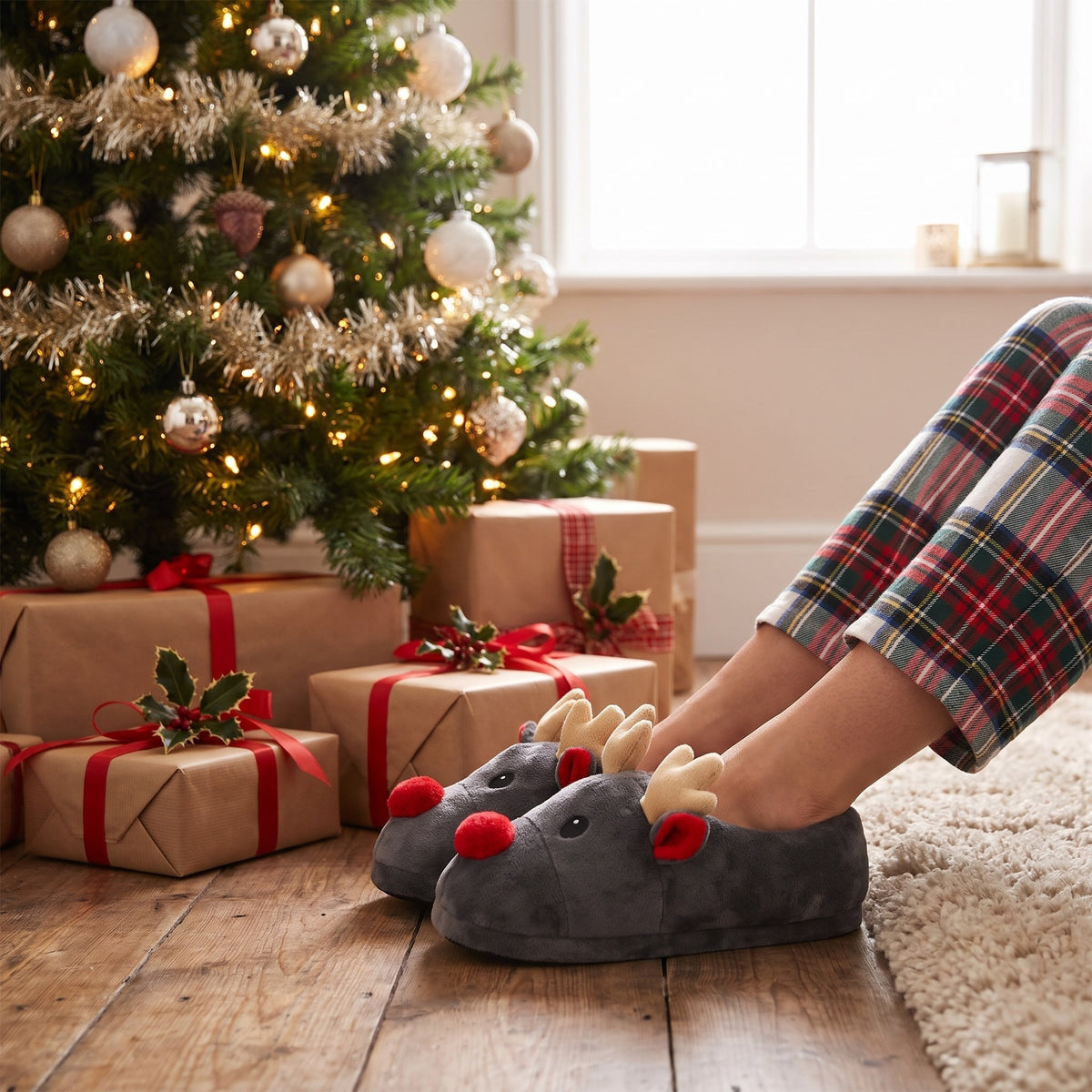Woman in Christmas pyjamas wearing reindeer slippers by the tree