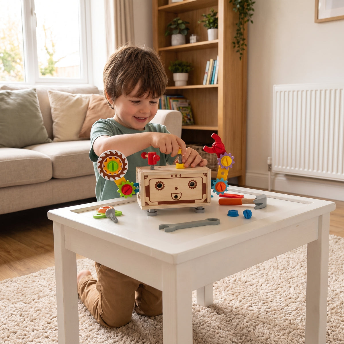 Child playing with a wooden robot toolbox nut and bolt toy at a play table