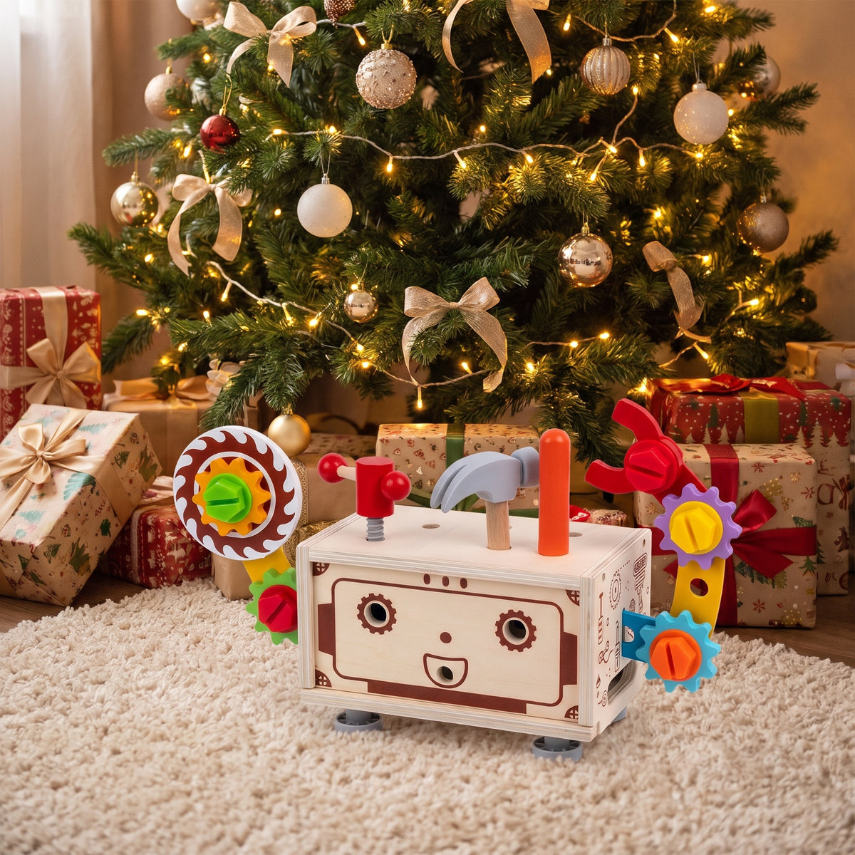 Wooden robot toolbox toy as a gift under the Christmas tree