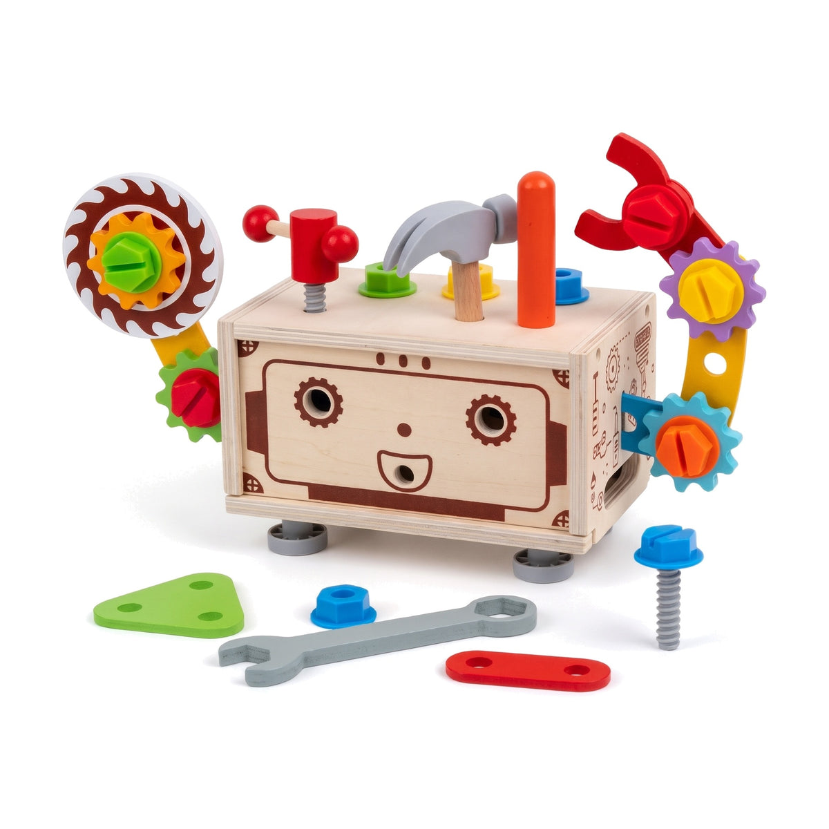 Wooden robot toolbox toy with colourful screws, gears, hammer and wrench