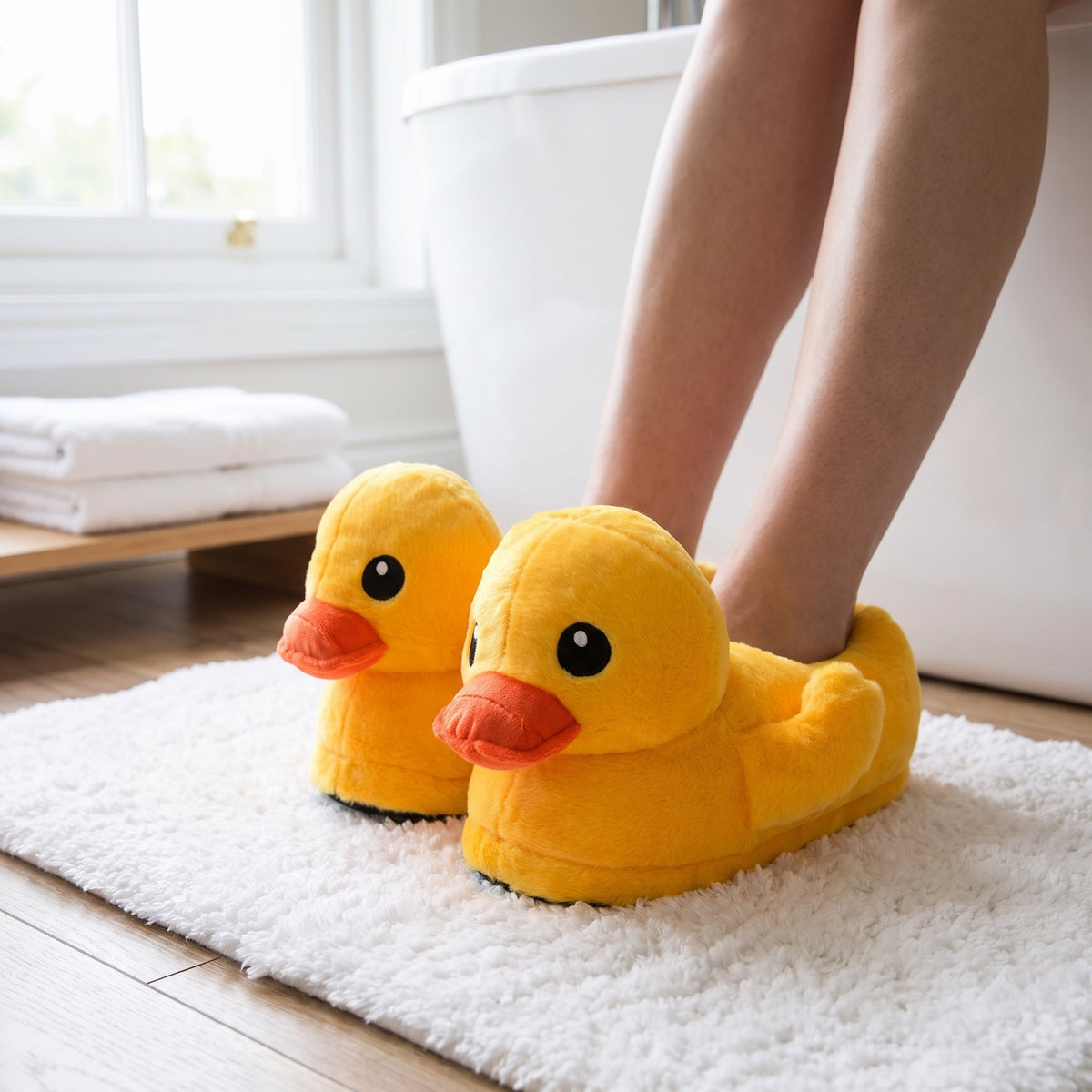 Feet in yellow rubber duck slippers on a fluffy bath mat