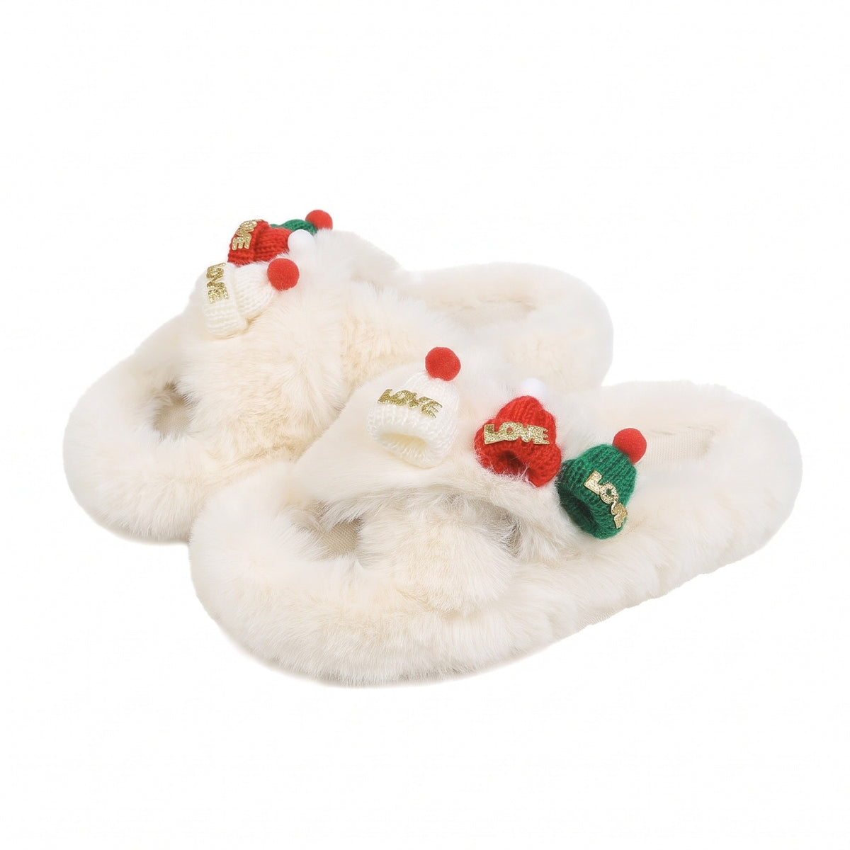 Cream fluffy cross strap Christmas slides with mini knitted hats