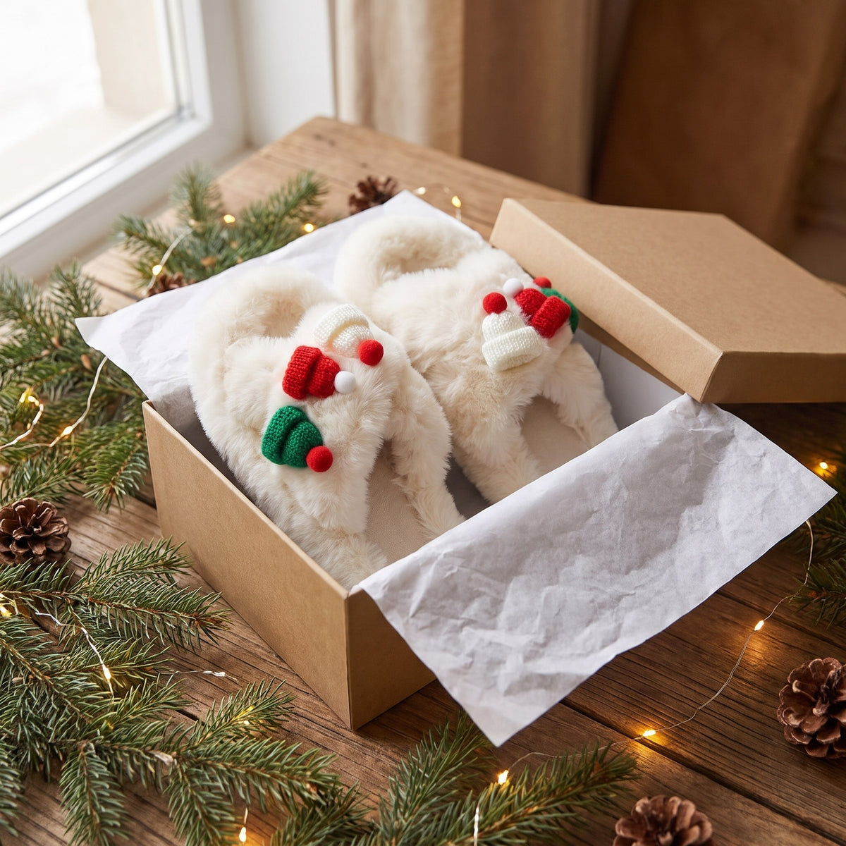 Cream Christmas hat slides in a gift box with pine branches and fairy lights