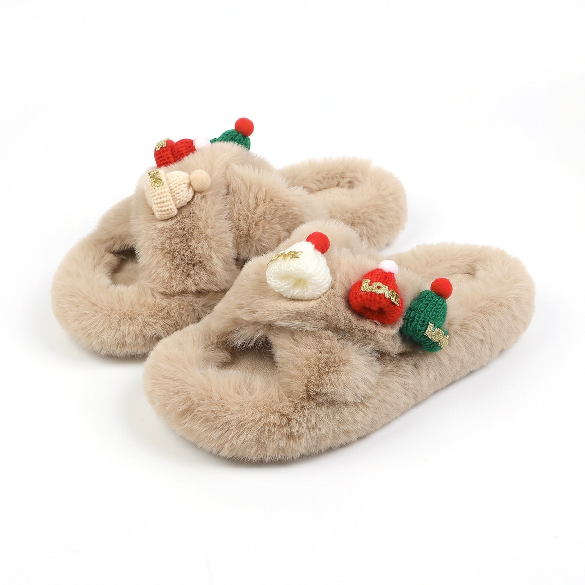 Khaki faux fur Christmas slides with red and green mini hats