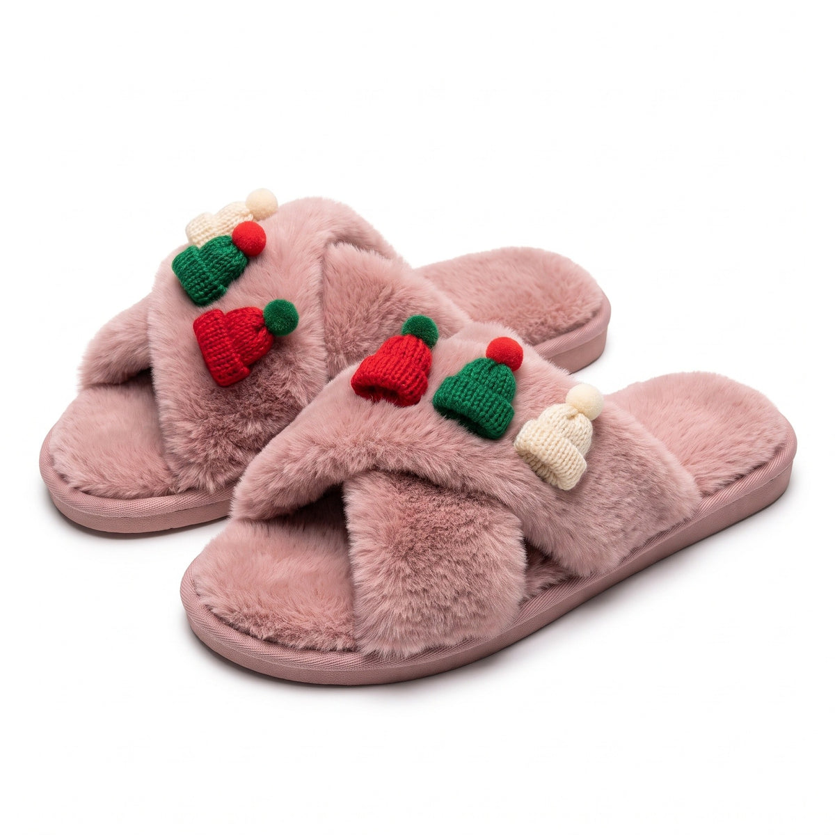 Pink fluffy crossover Christmas slides with mini knitted hats