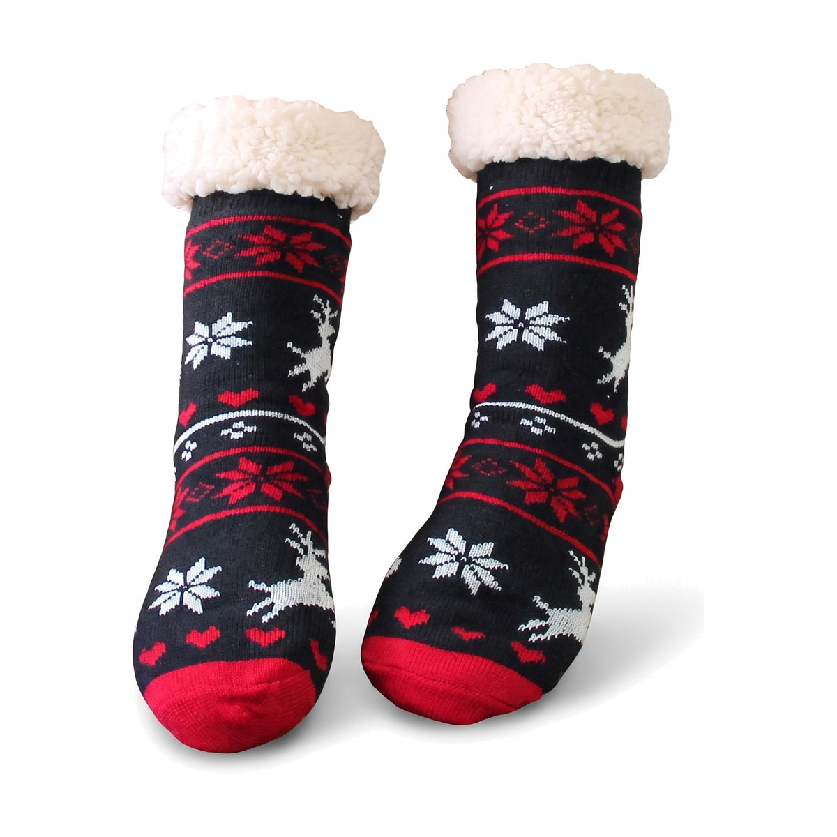 Black knitted fluffy socks with snowflake and reindeer pattern and sherpa lined cuff
