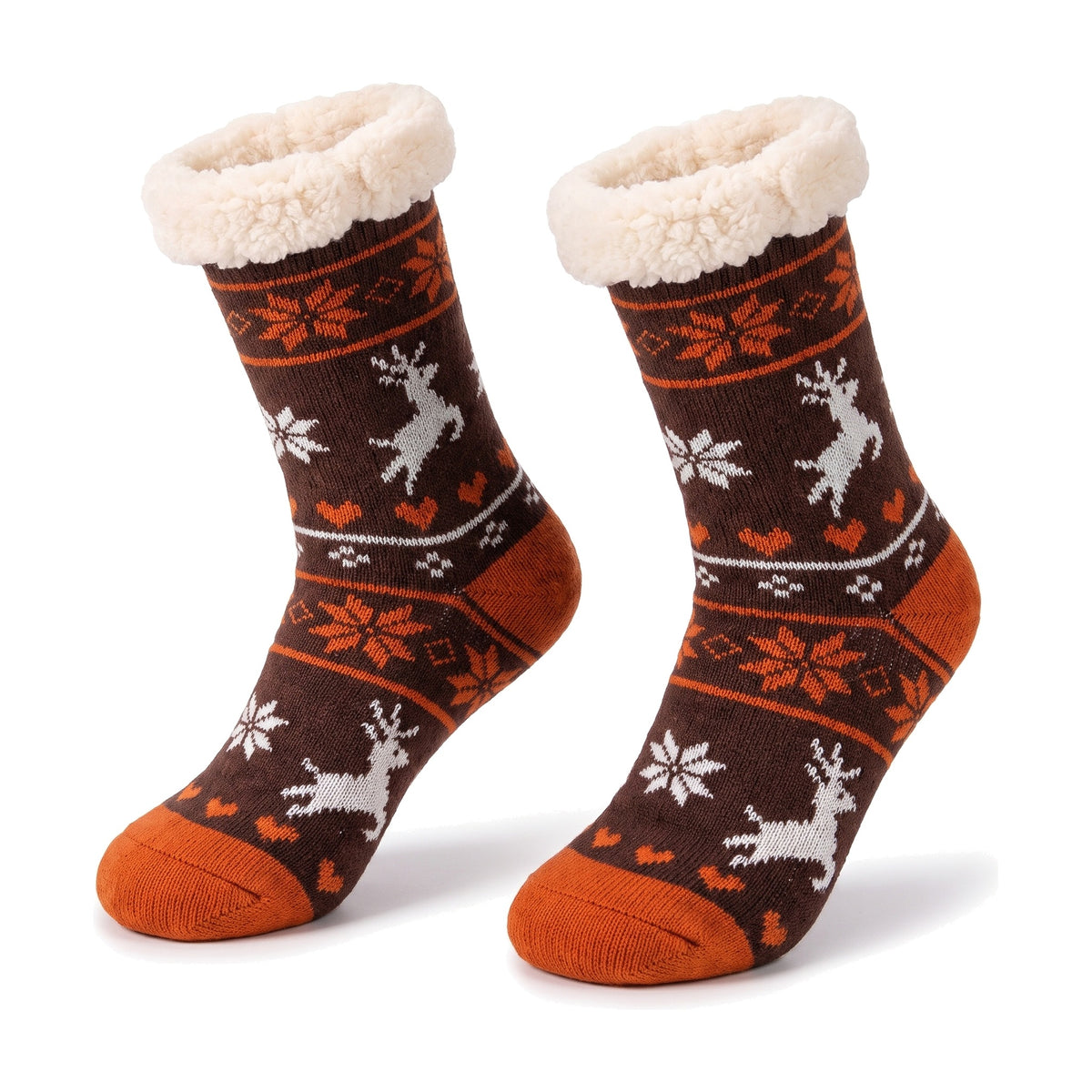 Brown knitted fluffy socks with snowflake and reindeer pattern and sherpa lined cuff