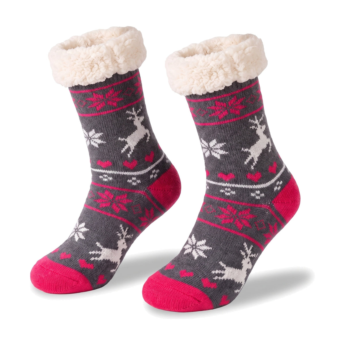 Grey knitted fluffy socks with snowflake and reindeer pattern and sherpa lined cuff