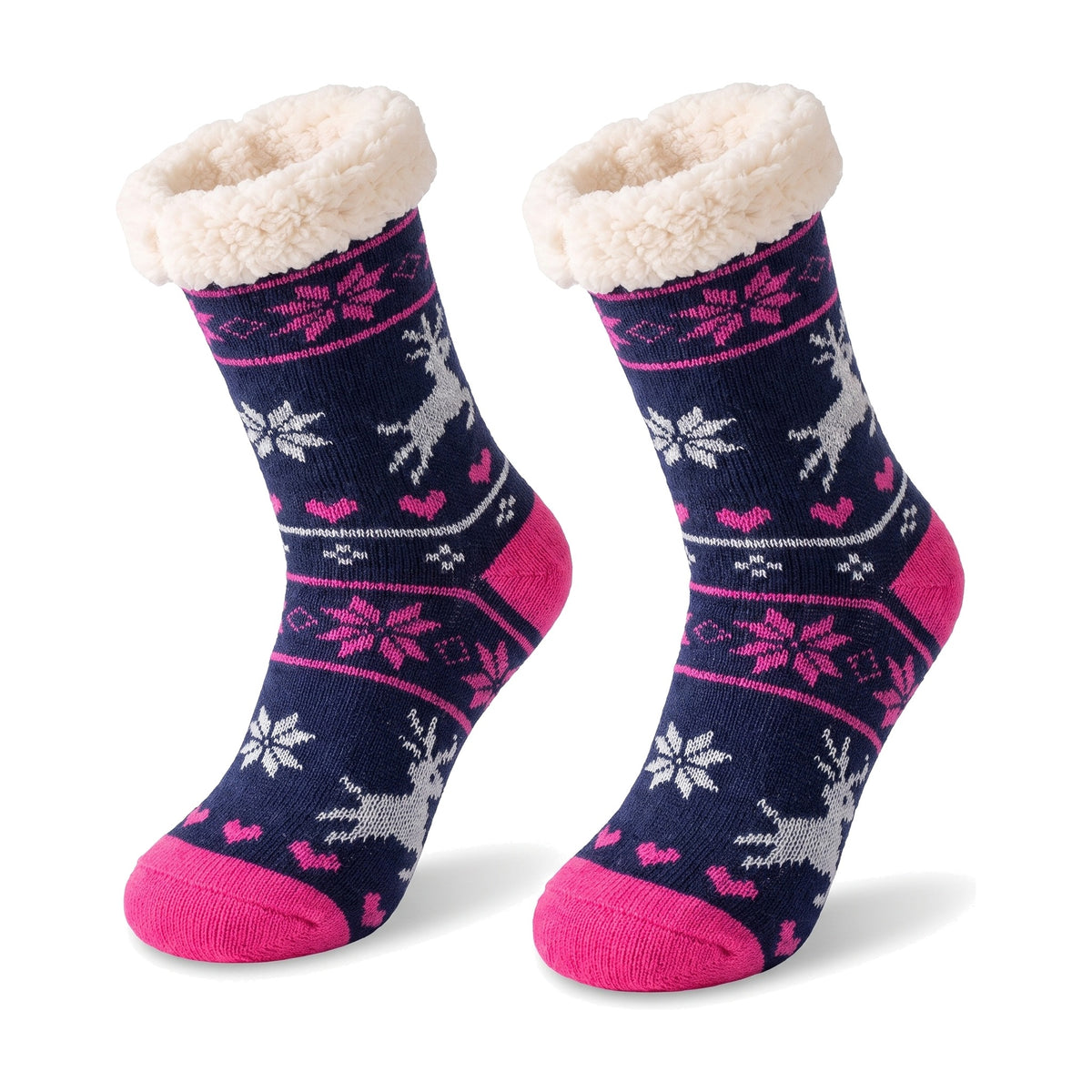 Navy knitted fluffy socks with snowflake and reindeer pattern and sherpa lined cuff