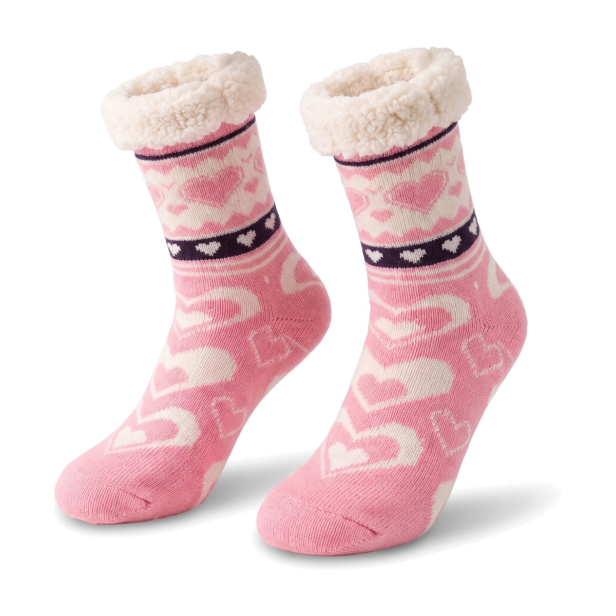 Pink heart print knitted fluffy socks with sherpa lined cuff