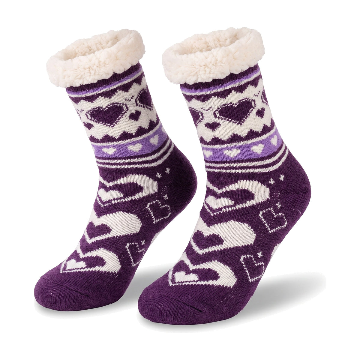 Purple heart print knitted fluffy socks with sherpa lined cuff