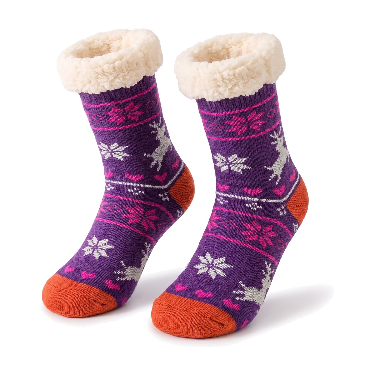Purple knitted fluffy socks with snowflake and reindeer pattern and sherpa lined cuff