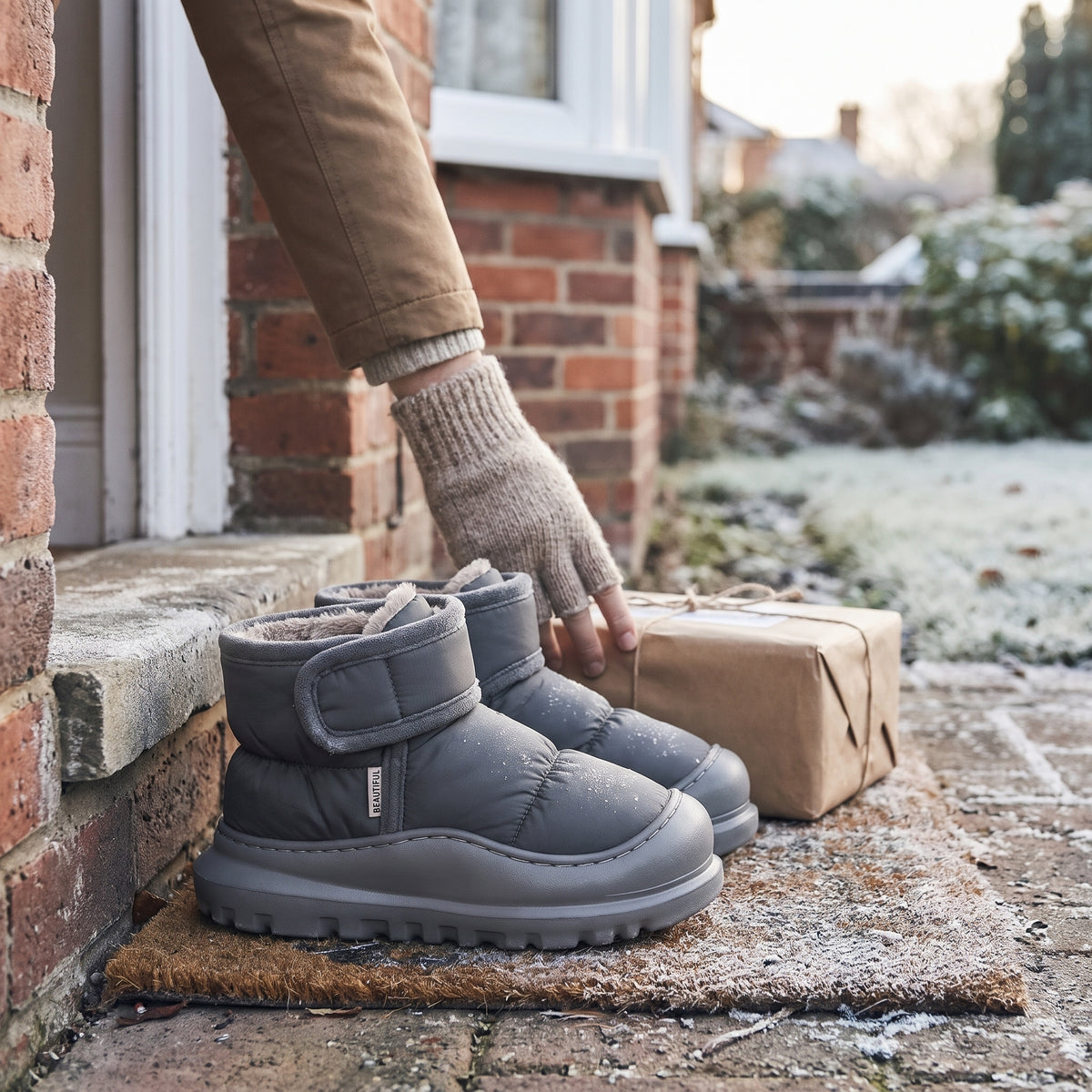 Charcoal slipper boots on a frosty doorstep