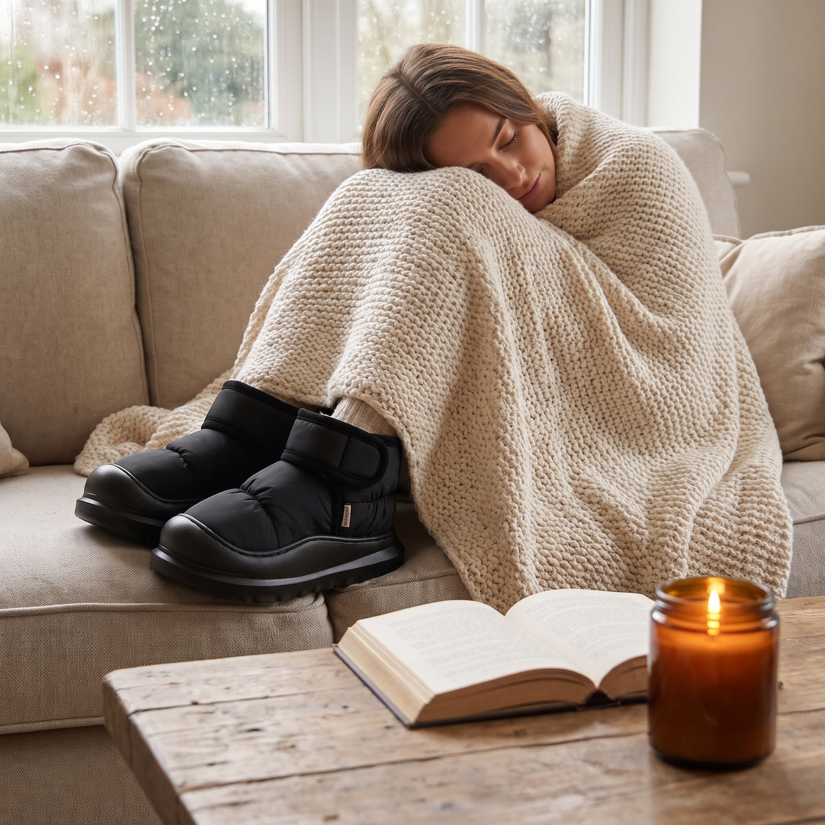 Woman relaxing on a sofa wearing black slipper boots
