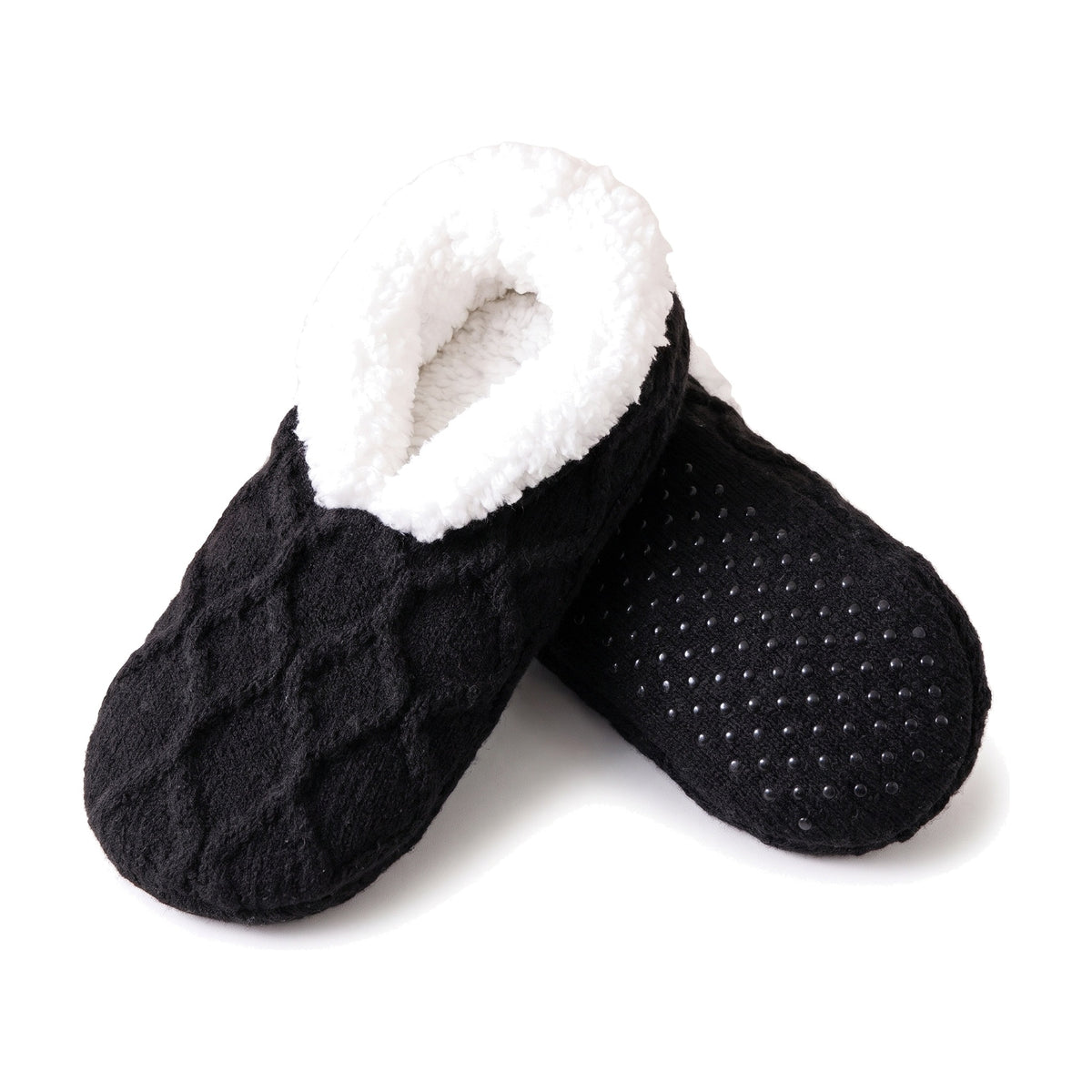 Black cable knit slipper socks with sherpa lining and non slip grippers