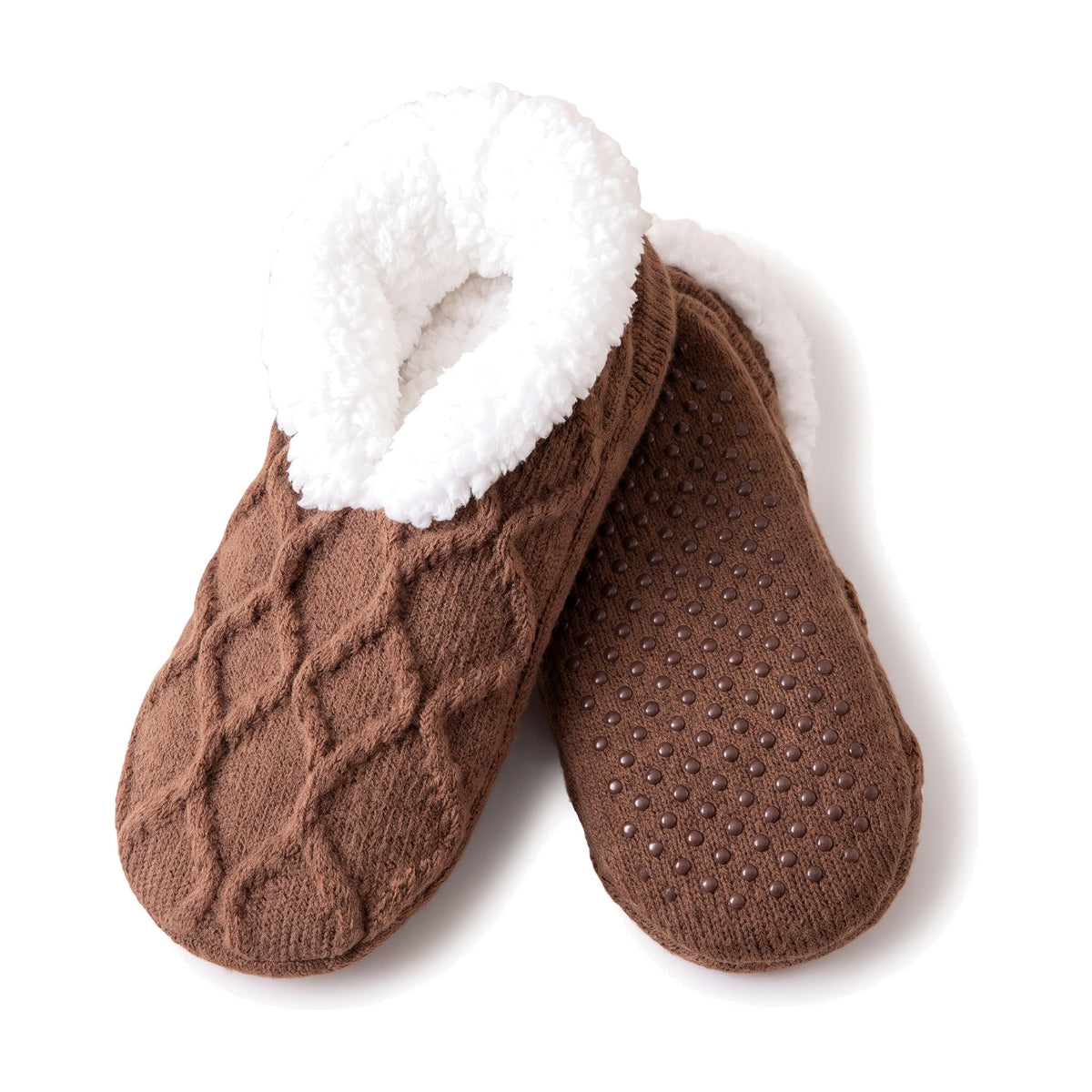 Brown cable knit slipper socks with sherpa lining and non slip grippers