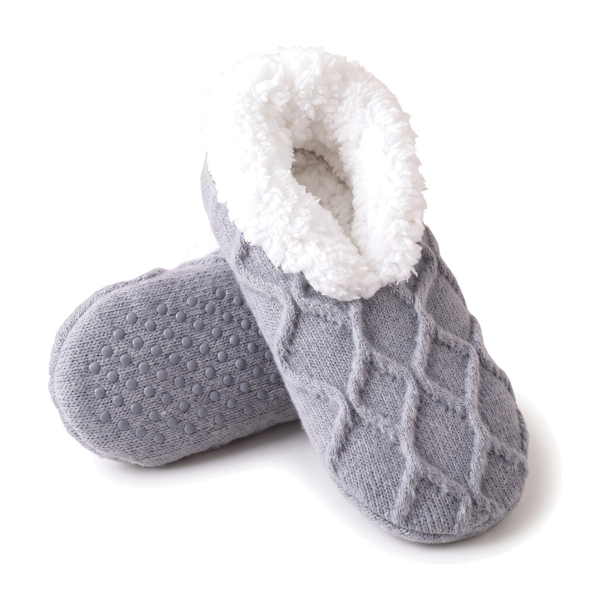 Grey cable knit slipper socks with sherpa lining and non slip grippers