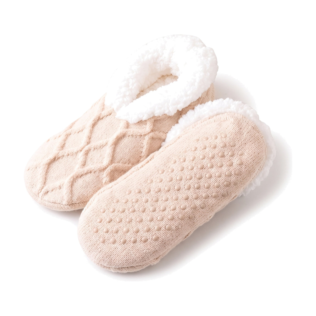 Oatmeal cable knit slipper socks with sherpa lining and non slip grippers