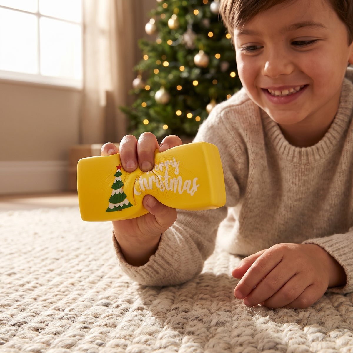 Child squeezing a yellow slow rising squishy toy by the Christmas tree