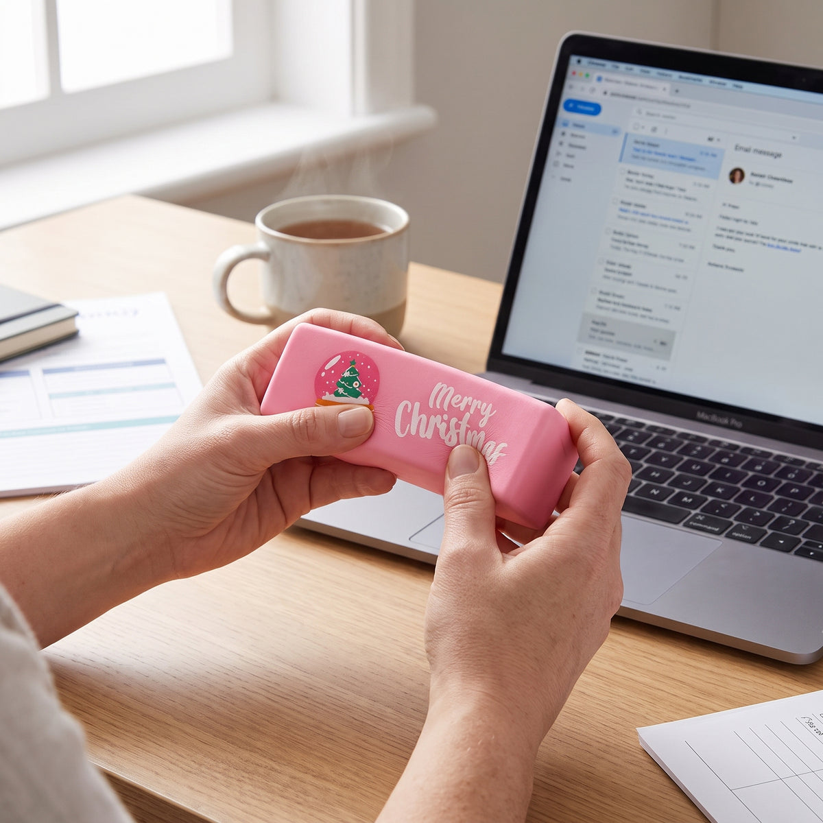 Adult squeezing a pink squishy toy at a home office desk