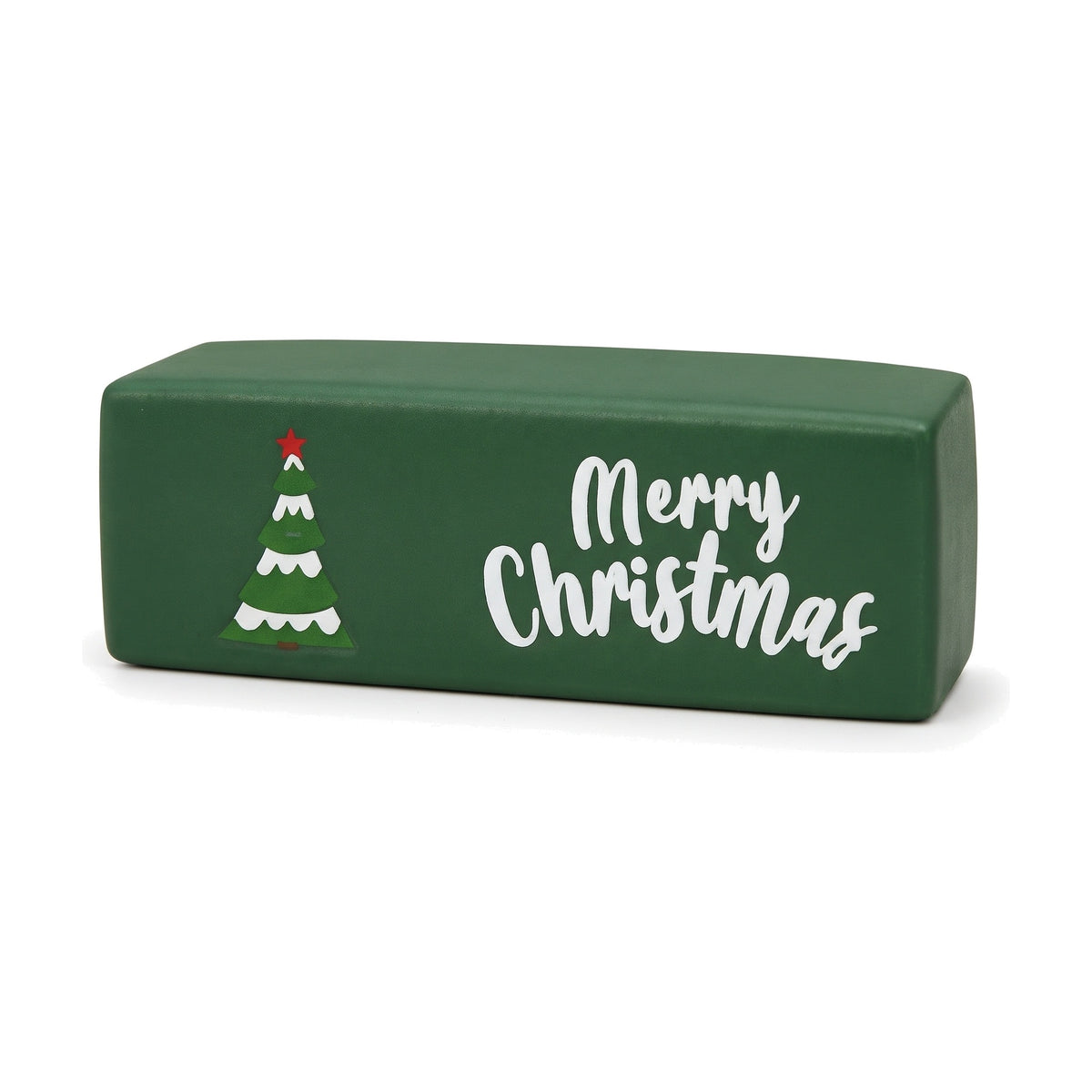 Forest green squishy butter stick toy with Christmas tree print