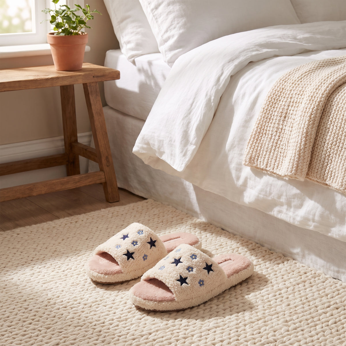 Cream star embroidered open toe slippers on a knitted rug by the bed