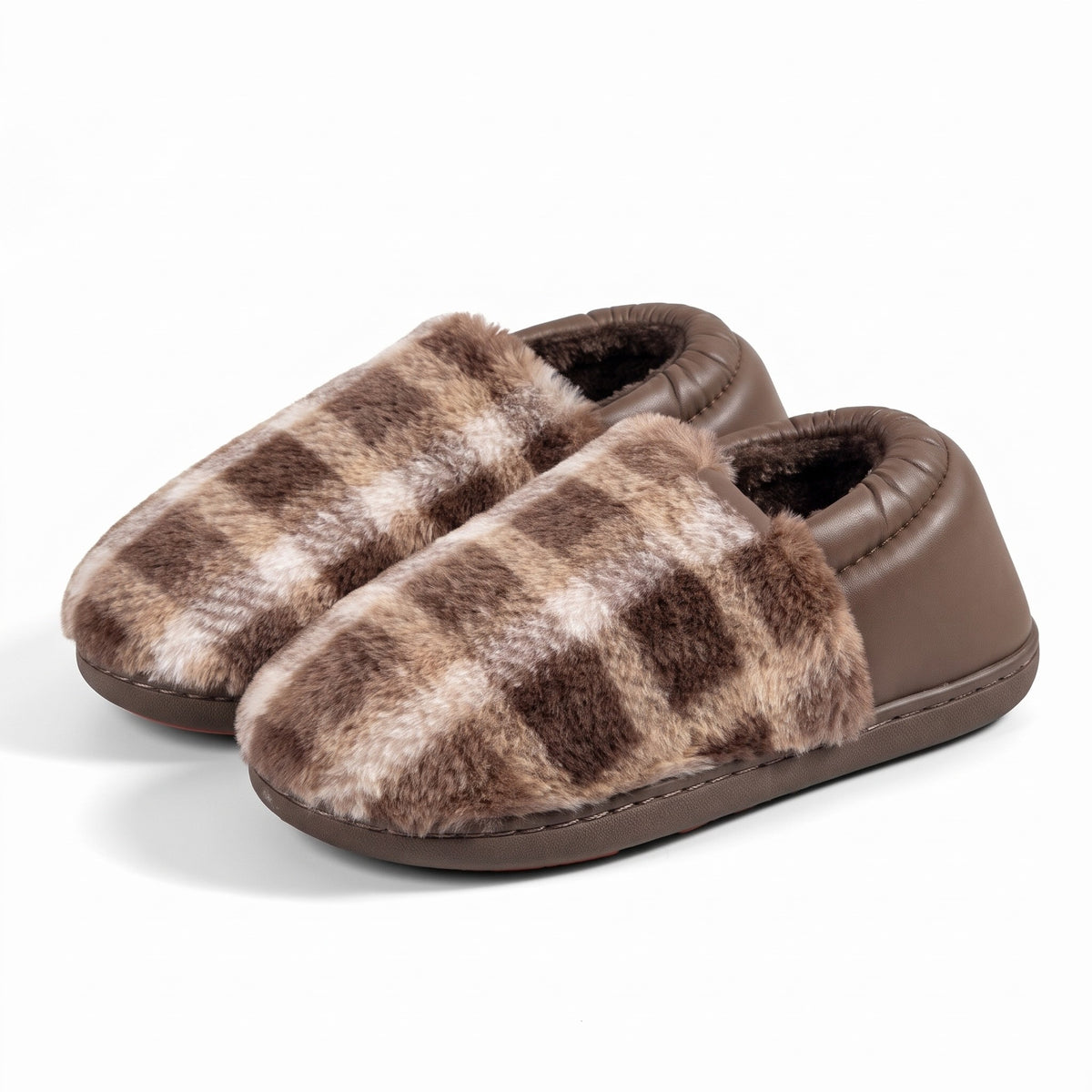 Brown tartan check bootie slippers with faux leather trim