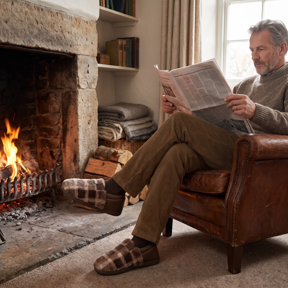 Man reading by a cottage fireplace wearing tartan check slippers