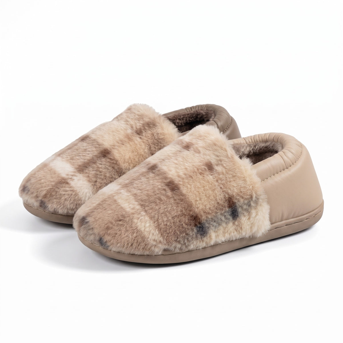 Oatmeal tartan check bootie slippers with faux leather trim