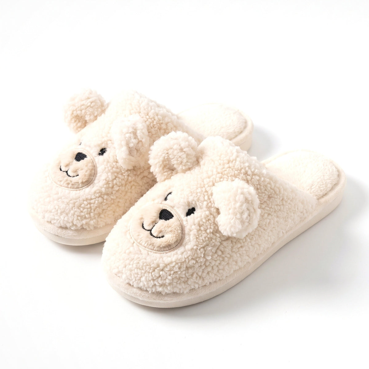 Cream teddy bear slippers with 3D plush bear face and ears