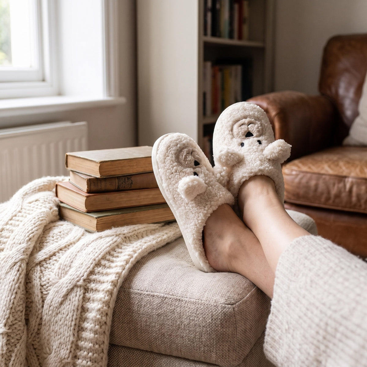 Teddy bear slippers on a footstool in a cosy reading nook