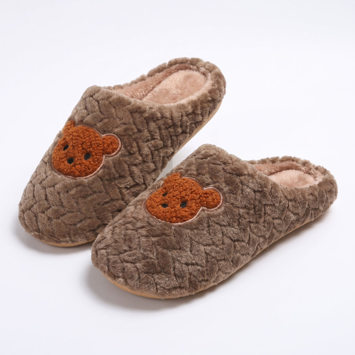 Brown knitted fleece slippers with embroidered teddy bear face