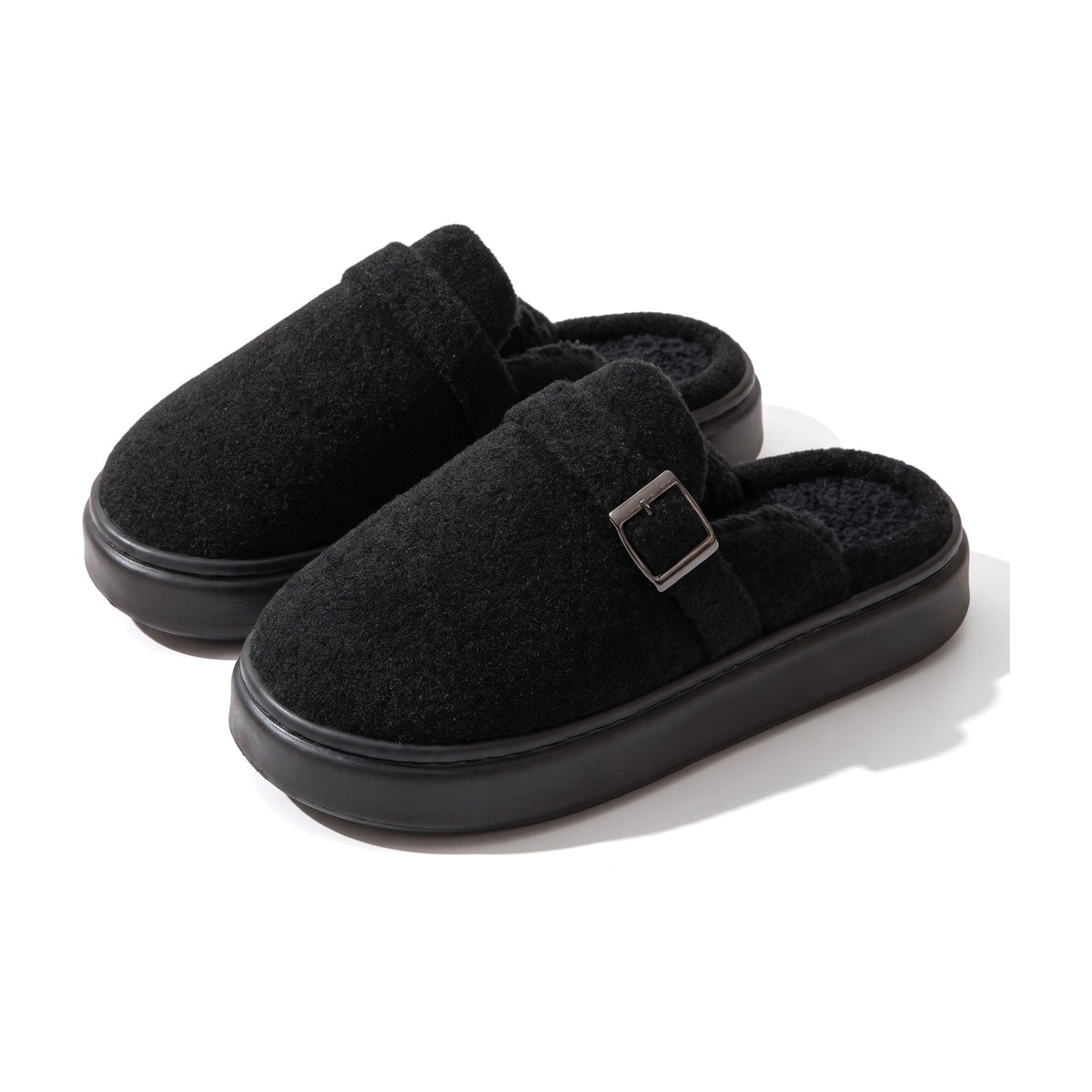 Black teddy textured clog slippers with buckle strap and platform sole