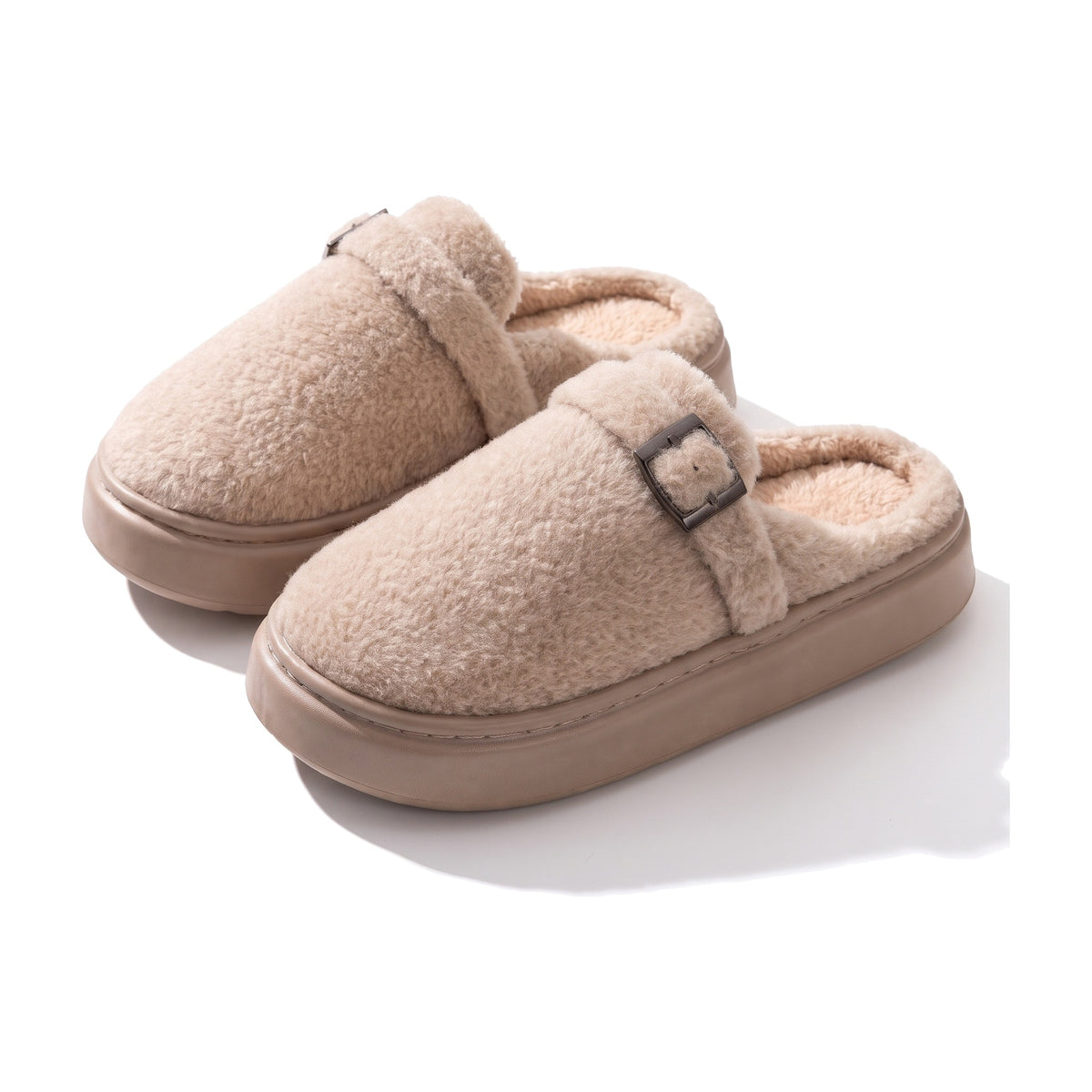 Oatmeal beige fleece lined clog slippers with gunmetal buckle strap