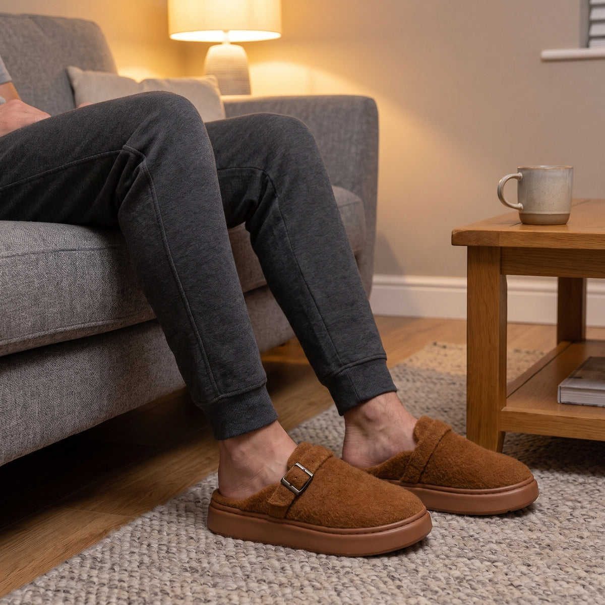 Man relaxing on a sofa wearing chestnut fleece clog slippers