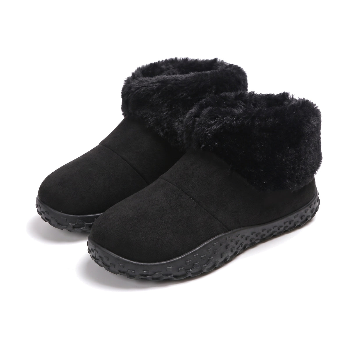 Black ankle slipper boots with faux fur cuff and chunky rubber sole